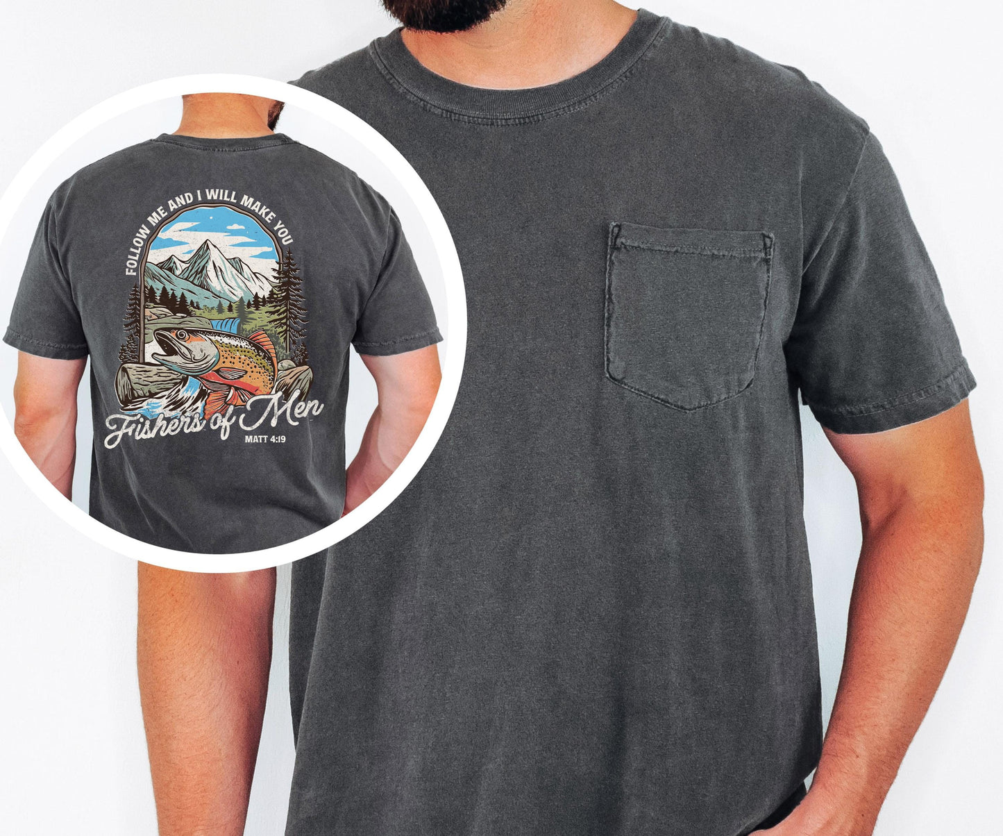 fishers of men shirt comfort colors pocket tee mens christian tshirt fishing faith apparel bible verse matthew 4 19 jesus gift