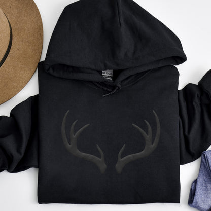 Black Puff Print Antler Shirt, 3D Raised Antler Sweatshirt, Cool Weather Hunting Hoodie, Black on Black Hunting Top, Outdoor Apparel