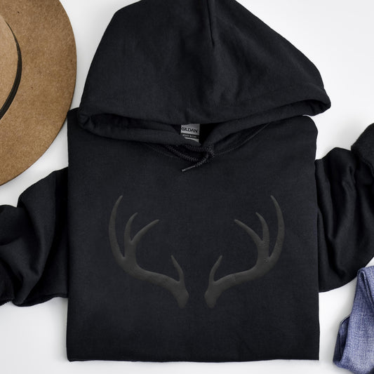 Black Puff Print Antler Shirt, 3D Raised Antler Sweatshirt, Cool Weather Hunting Hoodie, Black on Black Hunting Top, Outdoor Apparel