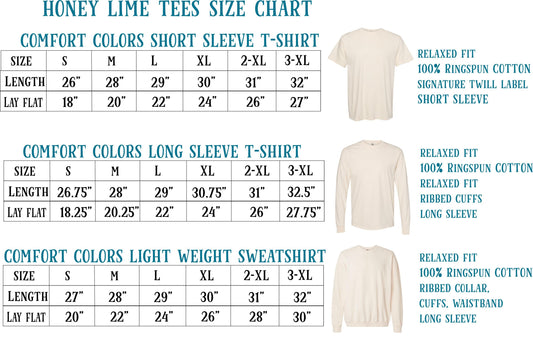 a chart with three different types of t-shirts, each with a corresponding size chart. The chart provides information about the size and comfort features of the t-shirts, including the length, comfort colors, and relaxed fit.