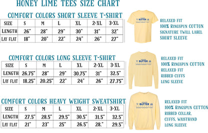 a size chart for three different types of t-shirts: a honey lime tees chart, a comfort colors short sleeve tee chart, and a heavy weight sweat shirt chart.