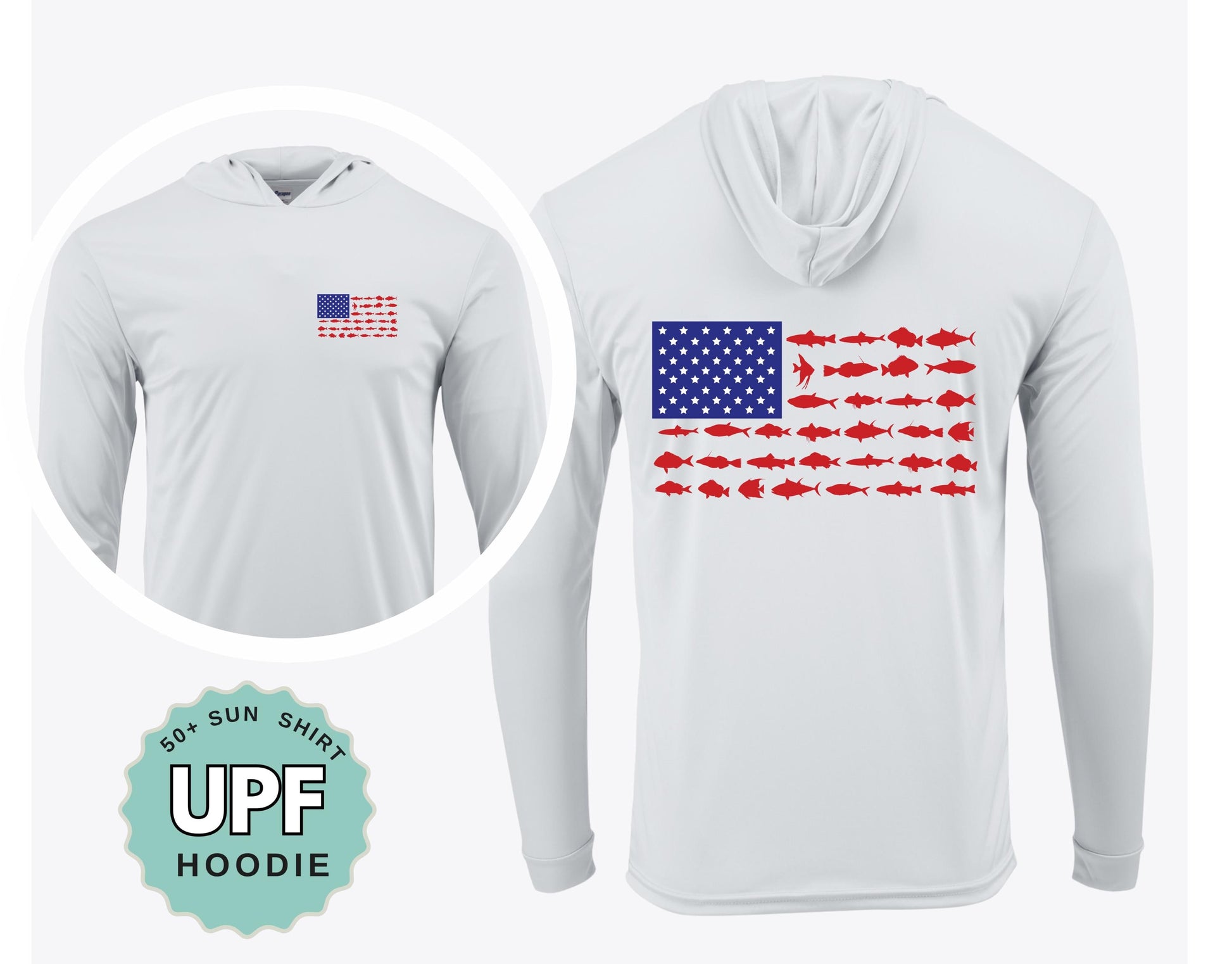 Patriotic Fishing Shirt UPF 50 Sun Shirt American Flag Performance Crew or Hoodie