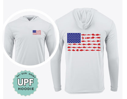 Patriotic Fishing Shirt UPF 50 Sun Shirt American Flag Performance Crew or Hoodie