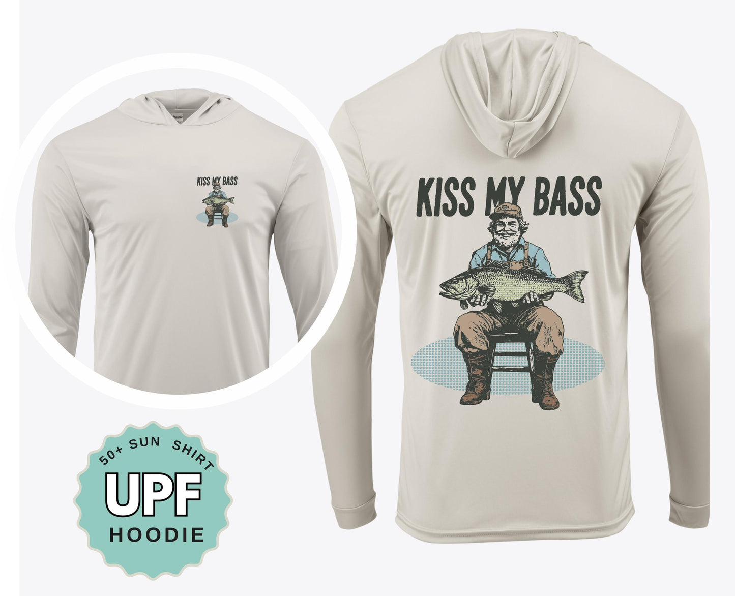 Funny Fishing Shirt Kiss My Bass UPF 50 Sun Shirt Performance Crew or Hoodie