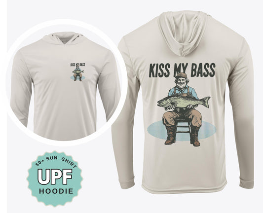 Funny Fishing Shirt Kiss My Bass UPF 50 Sun Shirt Performance Crew or Hoodie