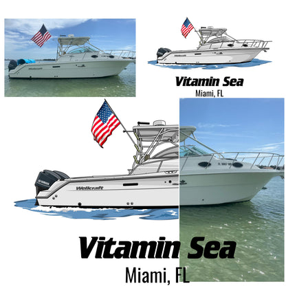 Custom boat drawing line art personalized illustration boat artwork