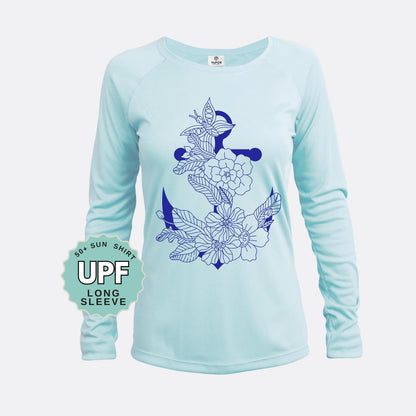 Floral Anchor Sun Shirt UPF 50: Coastal Long Sleeve UV Protection