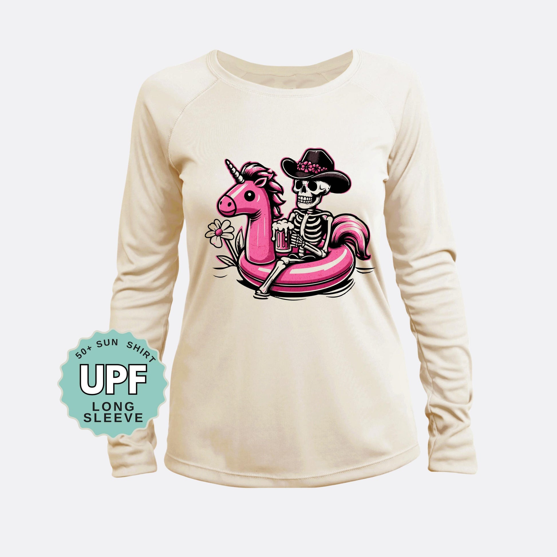 UPF 50+ Sun Shirt: Skeleton Cowboy Unicorn Graphic - Long Sleeve Outdoor Tee