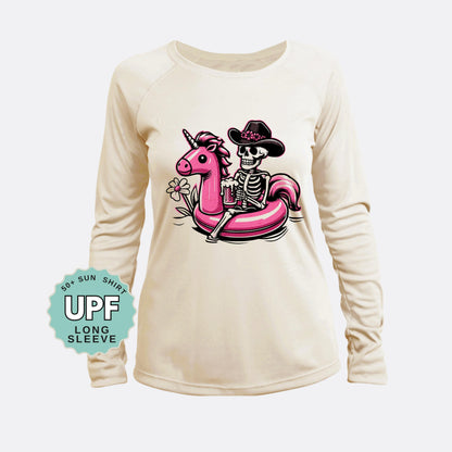 UPF 50+ Sun Shirt: Skeleton Cowboy Unicorn Graphic - Long Sleeve Outdoor Tee