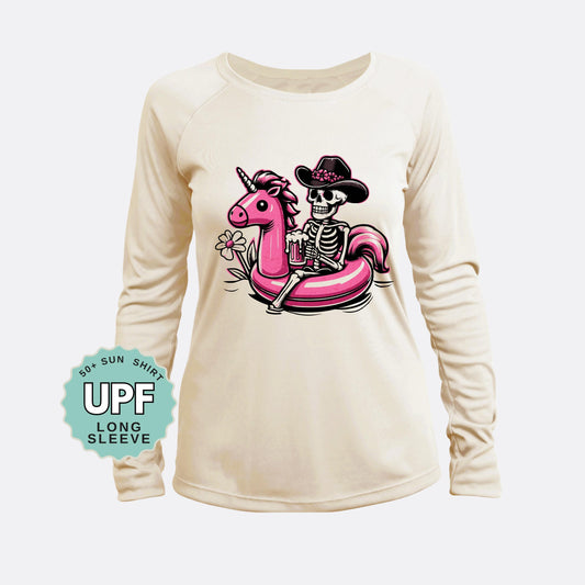 UPF 50+ Sun Shirt: Skeleton Cowboy Unicorn Graphic - Long Sleeve Outdoor Tee