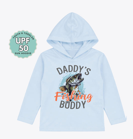 Daddys Fishing Buddy Hoodie Sun Shirt: UPF 50 Kids Long Sleeve Hoodie