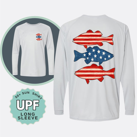 UPF 50 American Flag Fish Shirt: Long Sleeve Sun Protection