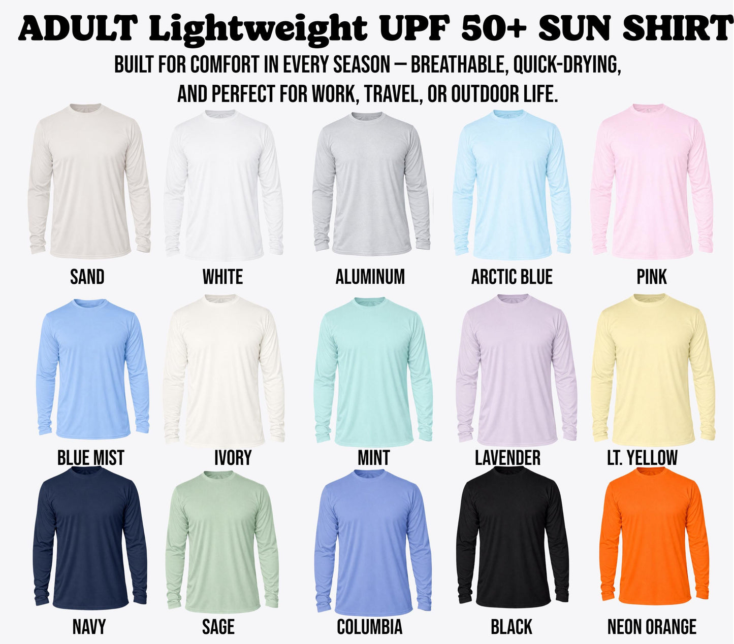 a collection of 12 long-sleeved shirts in various colors, including white, gray, pink, blue, mint, lavender, lime, navy, black, and neon orange.