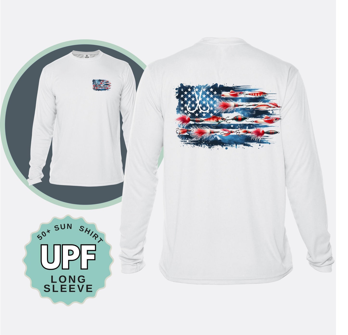 Fishing Lure American Flag Sun Shirt: UPF 50+ Long Sleeve Tee