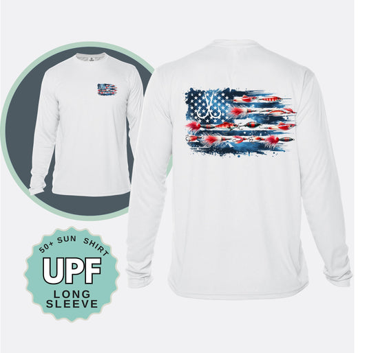 Fishing Lure American Flag Sun Shirt: UPF 50+ Long Sleeve Tee