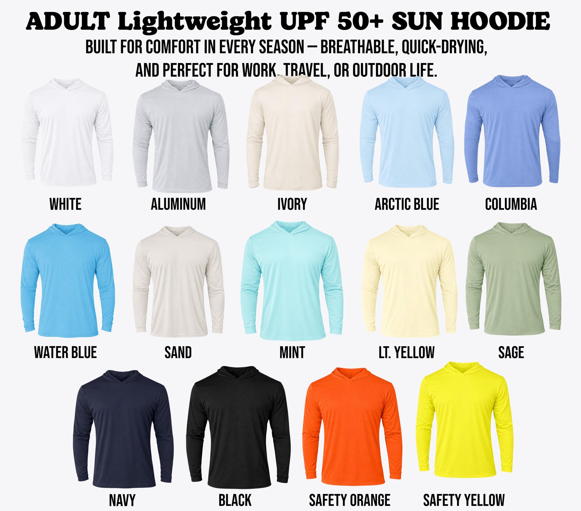 a collection of 12 different long-sleeved shirts in various colors, including white, black, navy, and safety orange. The shirts are arranged in a grid format, showcasing the different color options available for the adult lightweight UPP 50+ sun hoodie.