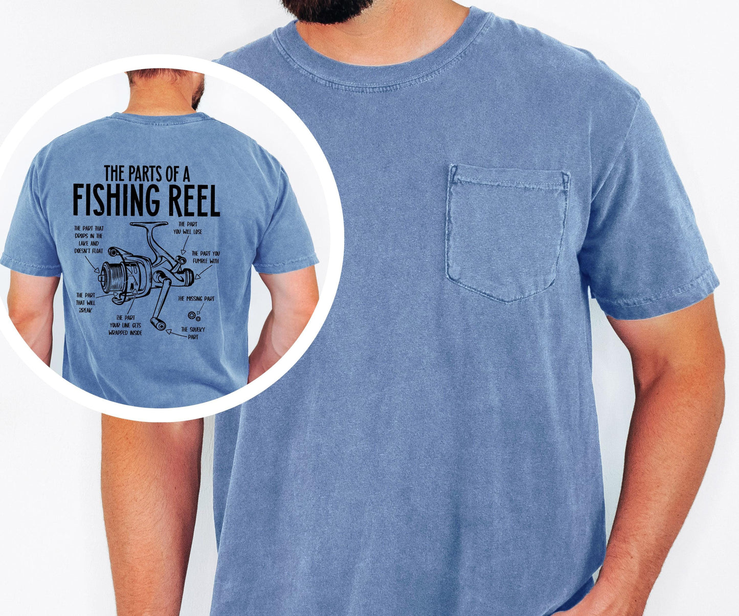 May include: A blue short-sleeved t-shirt with a pocket on the chest. The back of the shirt features a diagram of a fishing reel with labels. The text reads "THE PARTS OF A FISHING REEL".
