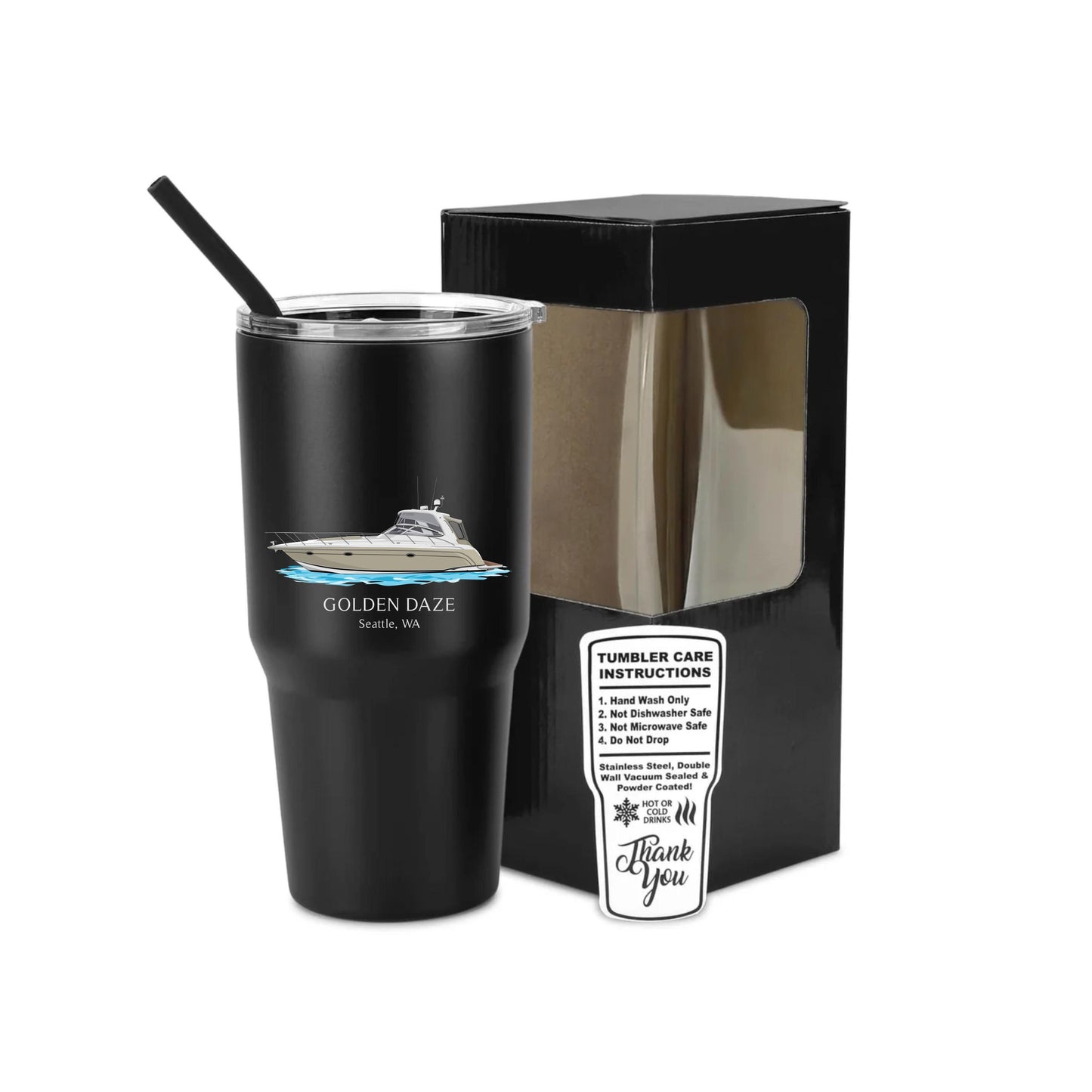 30 oz insulated tumbler custom boat design stainless steel travel cup personalized boat gift drinkware with lid and straw