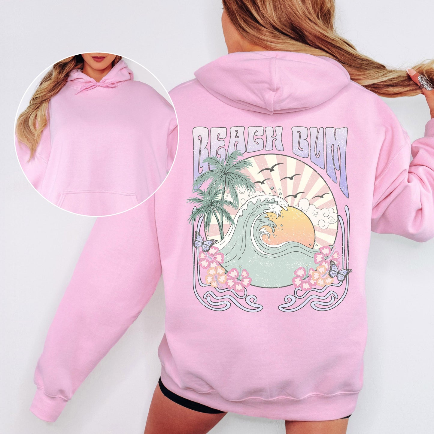 Beach Bum hoodie, coastal graphic sweatshirt, beach life pullover back print