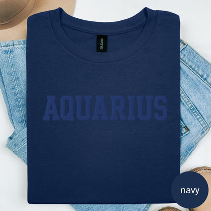NAVY Aquarius Zodiac Puff Print Sweatshirt T-shirt Hoodie Birthday Astrology Top