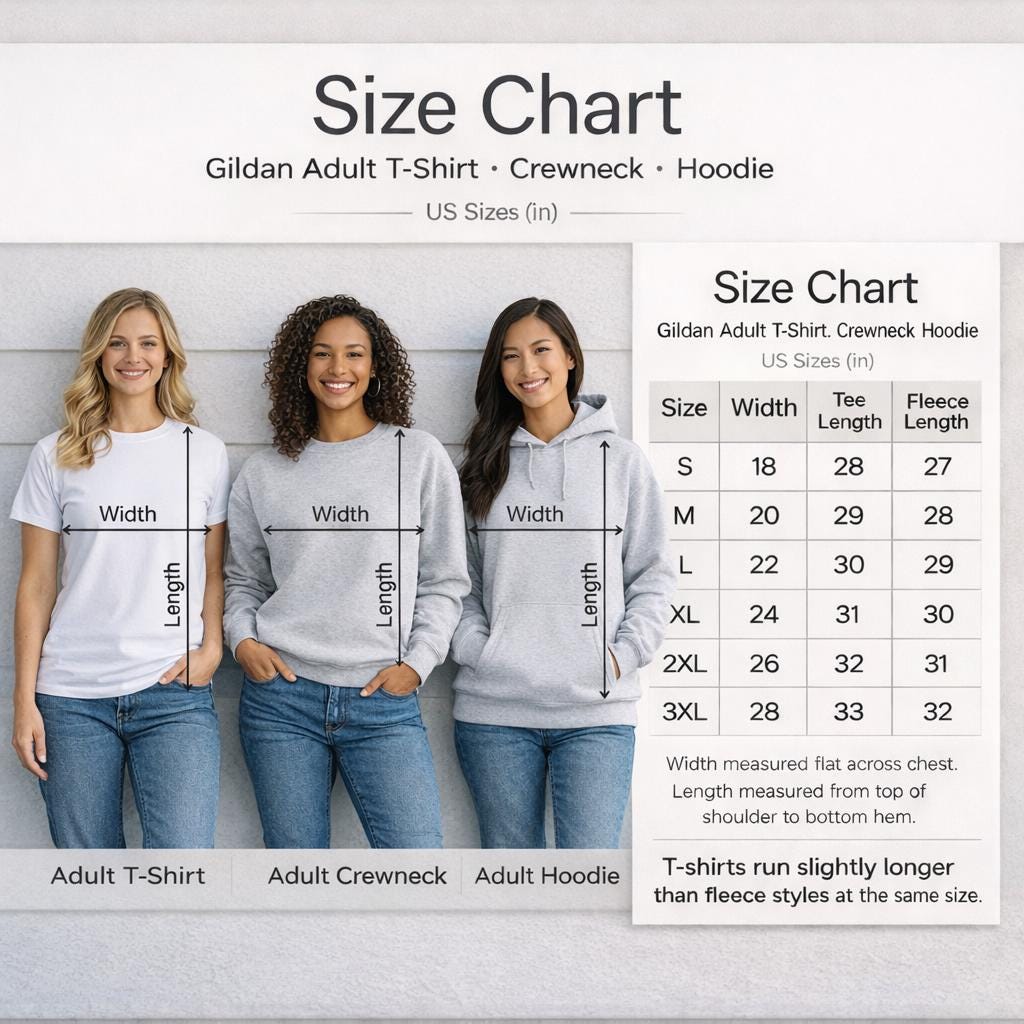 The image is a size chart for a Gildan Adult T-shirt, Crewneck, and Hoodie. It features three women of different heights and styles, each wearing a white t-shirt, and provides their respective US sizes.