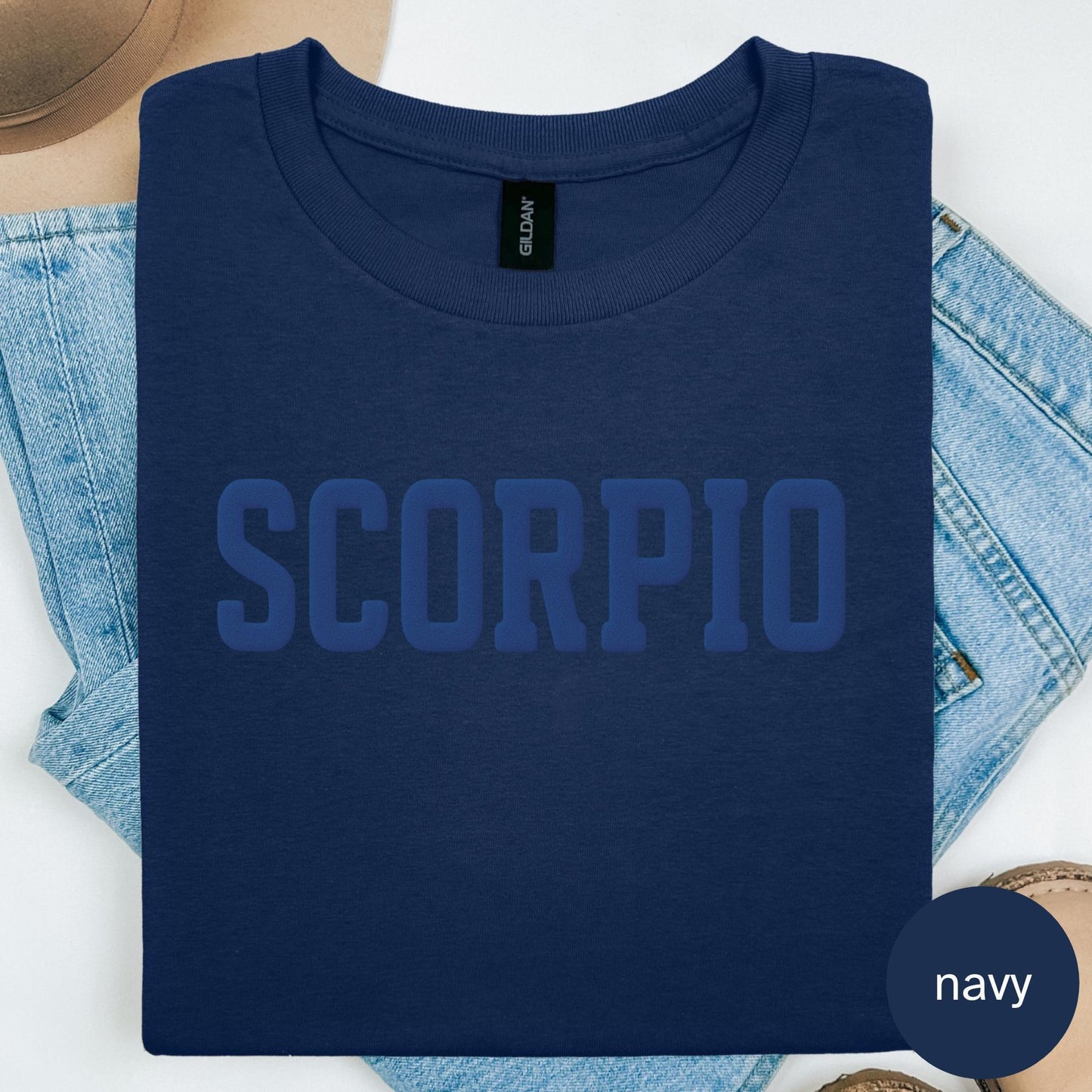 NAVY Scorpio Zodiac Puff Print Birthday Horoscope Top T-Shirt, Sweatshirt, Hoodie You Choose