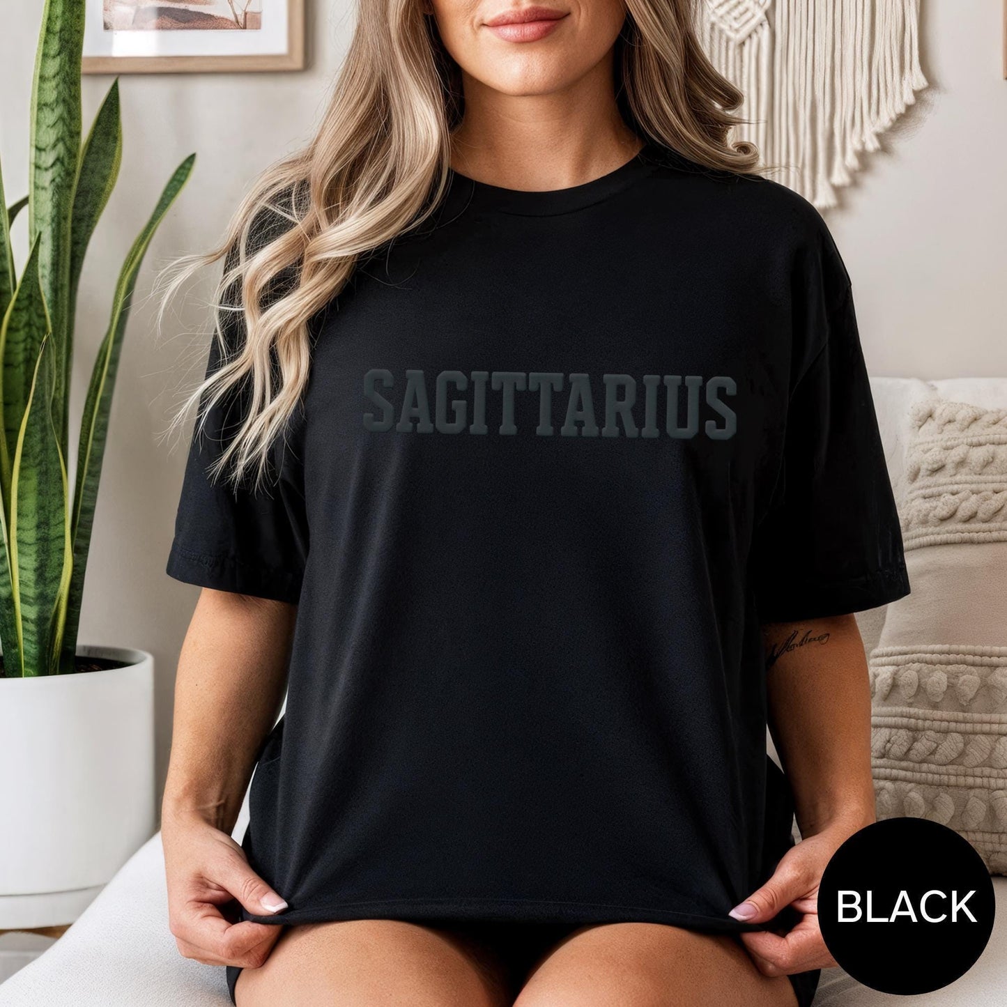 Black Zodiac Puff Print Birthday Horoscope T-Shirt,You Choose