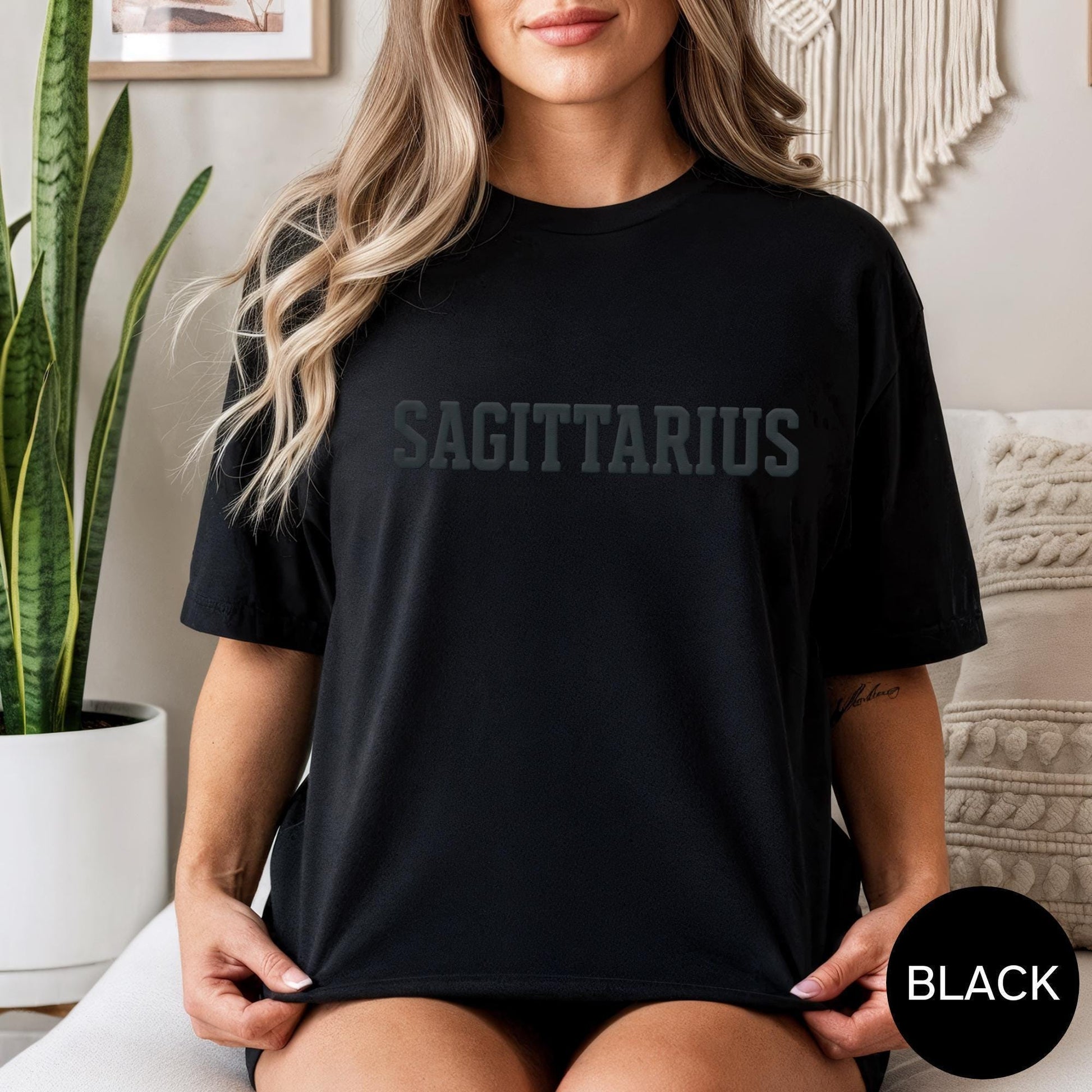 Black Zodiac Puff Print Birthday Horoscope T-Shirt,You Choose