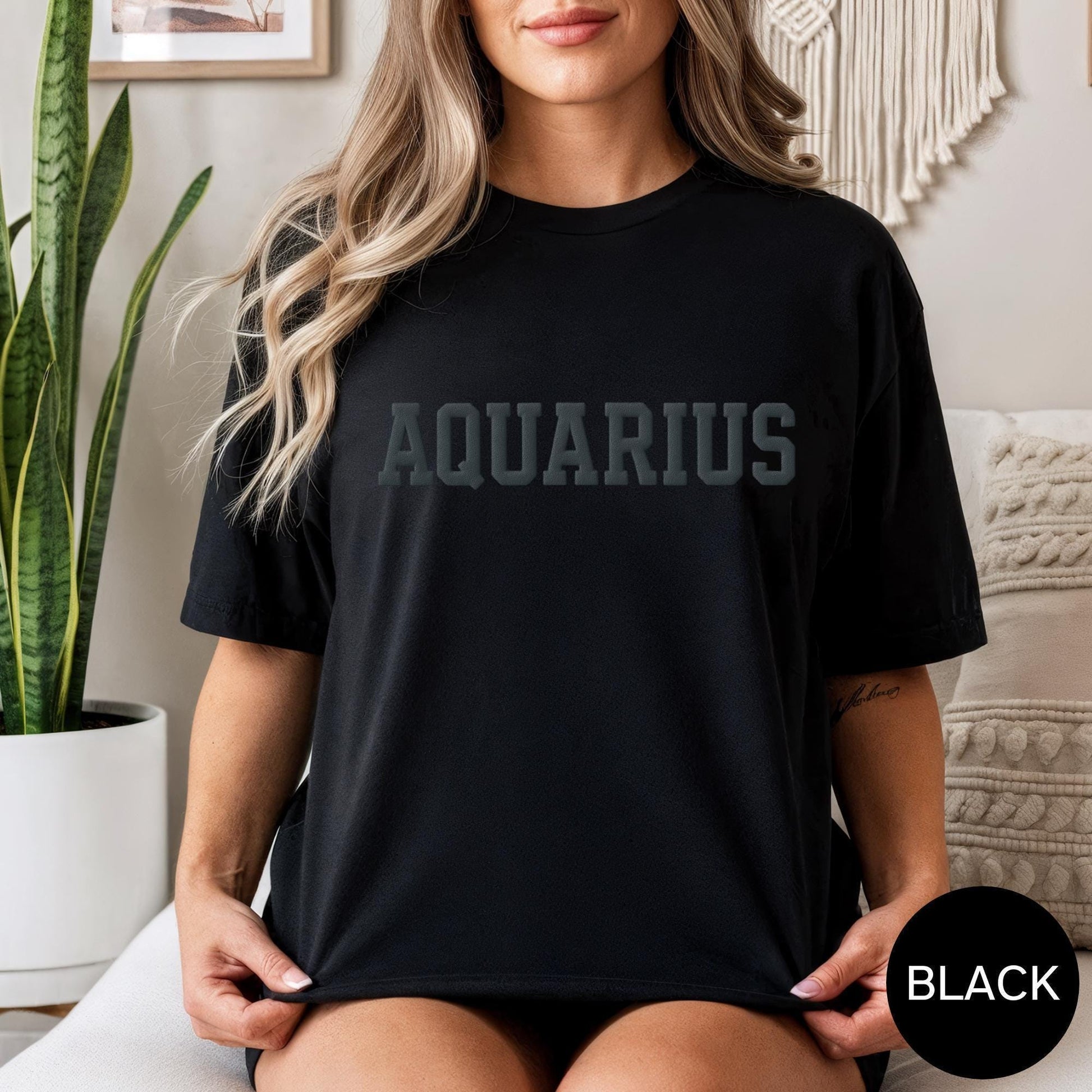 Black Zodiac Puff Print Birthday Horoscope T-Shirt,You Choose