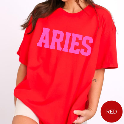 HOT PINK on RED Aries Zodiac Puff Print Sweatshirt T-shirt Hoodie Birthday Astrology Top
