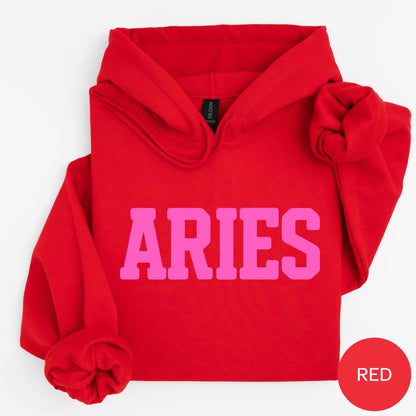 HOT PINK on RED Aries Zodiac Puff Print Sweatshirt T-shirt Hoodie Birthday Astrology Top