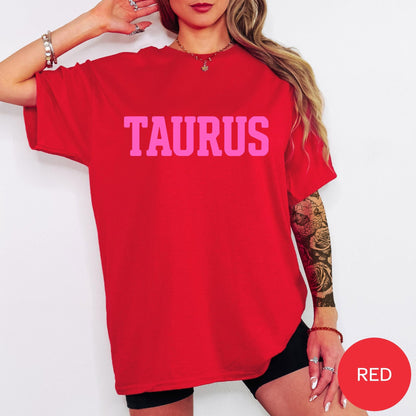 HOT PINK on RED Taurus Zodiac Puff Print Sweatshirt T-shirt Hoodie Birthday Astrology Top