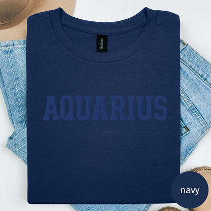 Aquarius Zodiac Puff Print Birthday Horoscope T-Shirt