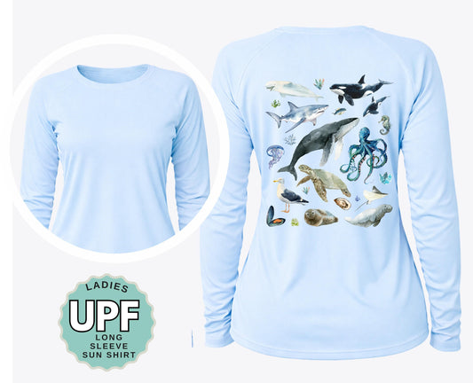 Ocean wildlife Ladies Sunshirt: UPF 50+ Moisture Wicking Long Sleeve Tee