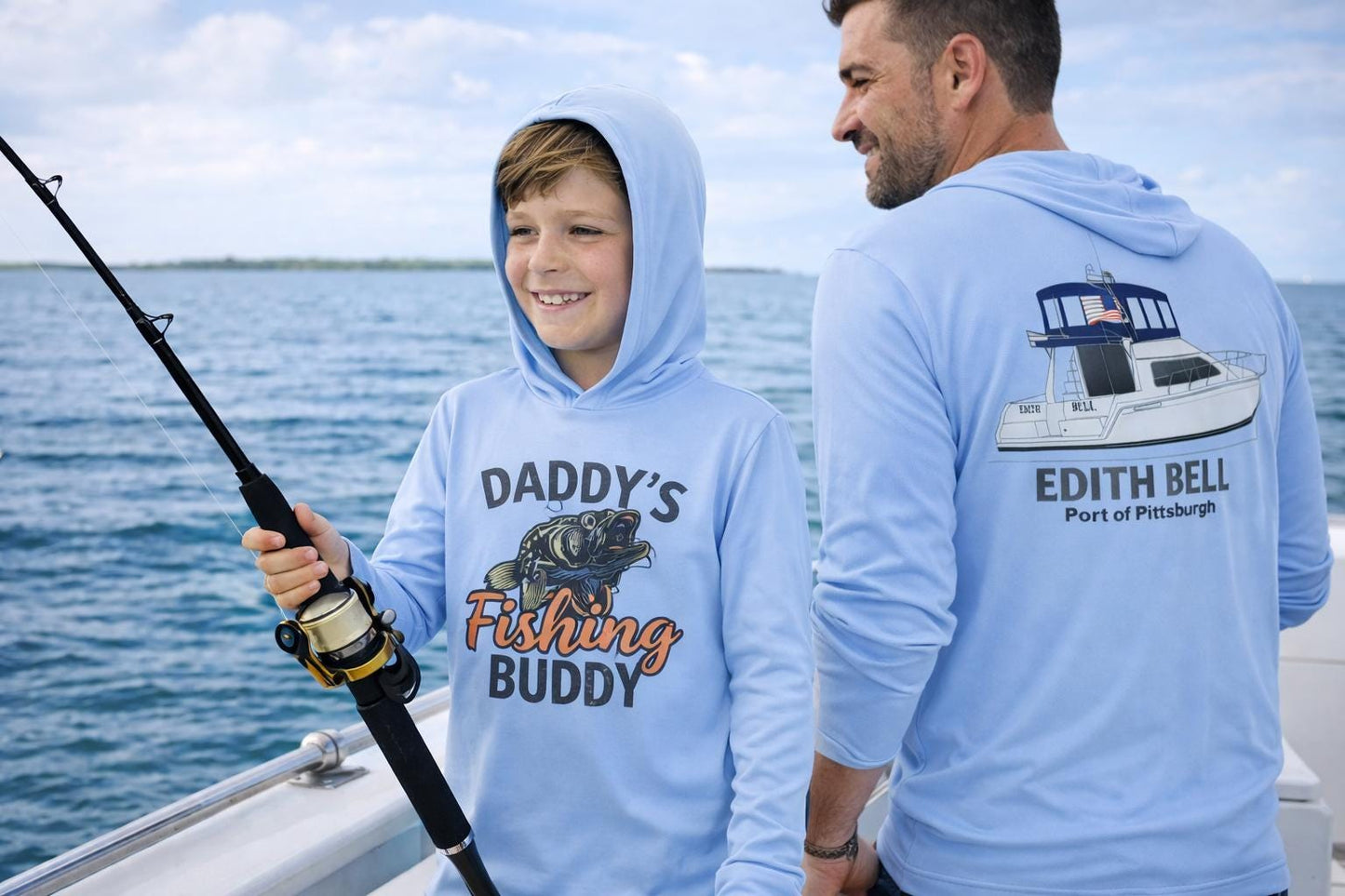 Daddys Fishing Buddy Hoodie Sun Shirt: UPF 50 Kids Long Sleeve Hoodie