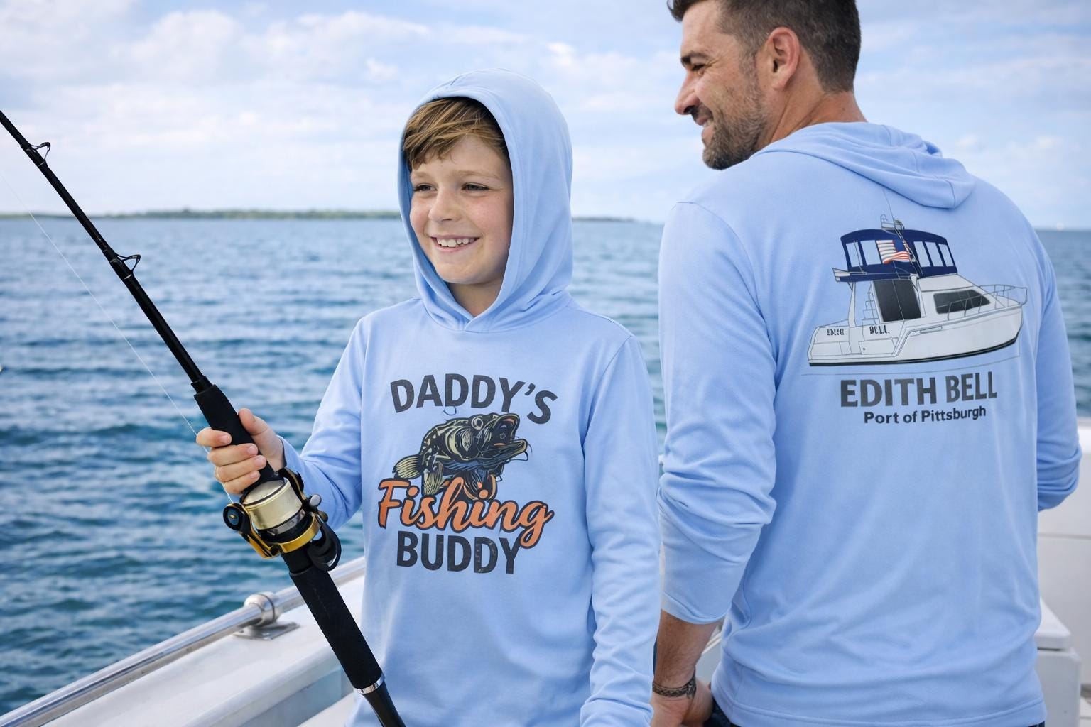 Daddys Fishing Buddy Hoodie Sun Shirt: UPF 50 Kids Long Sleeve Hoodie