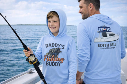 Daddys Fishing Buddy Hoodie Sun Shirt: UPF 50 Kids Long Sleeve Hoodie
