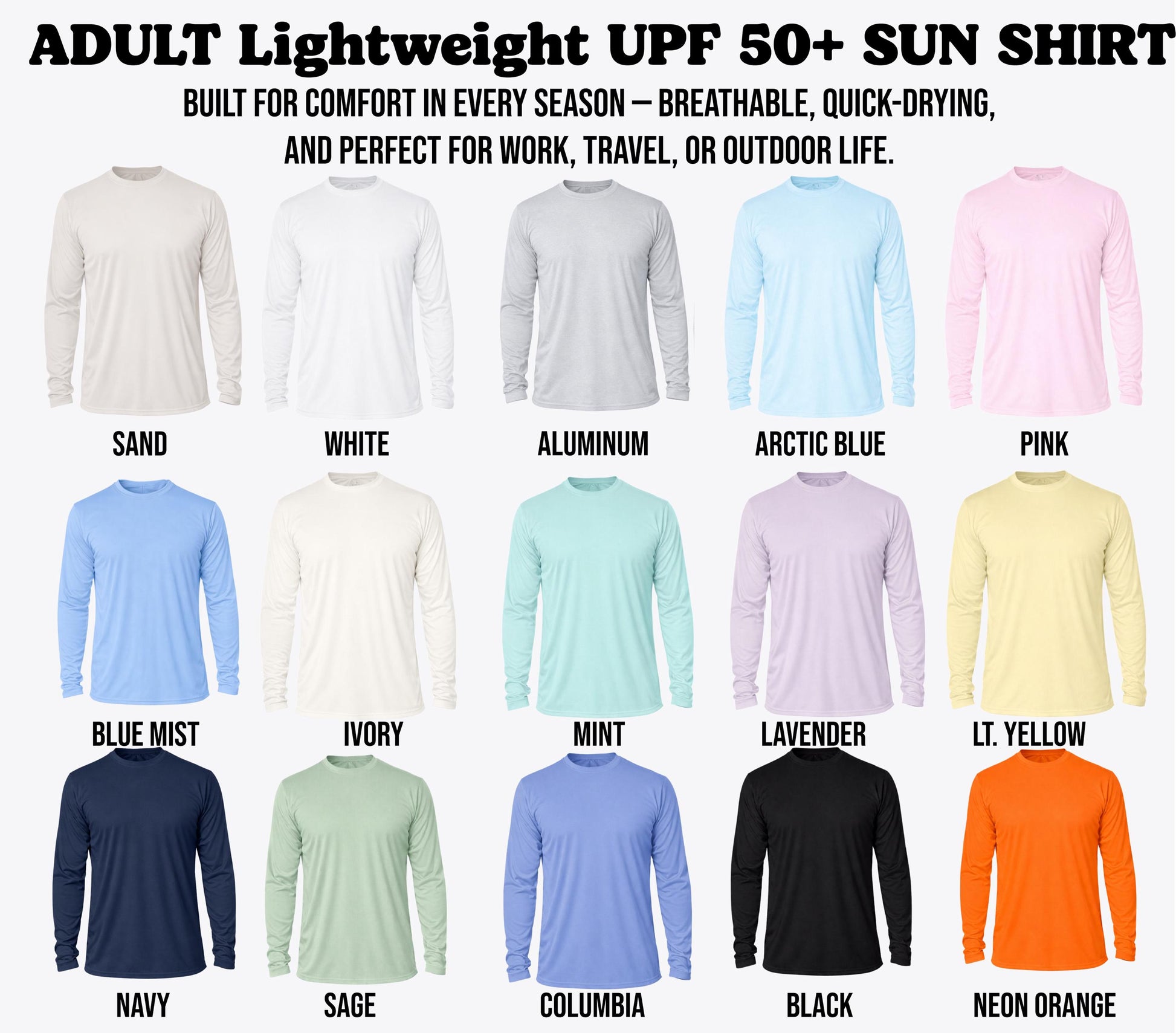 a collection of 12 long-sleeved shirts in various colors, including white, gray, pink, blue, mint, lavender, lime, navy, black, and neon orange.