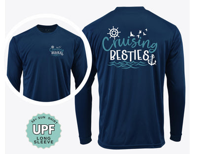 A navy blue long-sleeved shirt with the text "Cruising Besties" printed on the back.