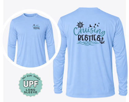 A light blue long-sleeved shirt with a design on the back that says "Cruising Besties" and an anchor symbol.