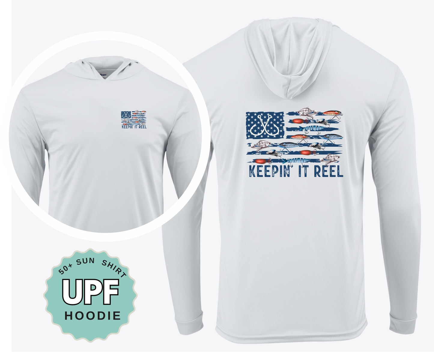 keepin it reel upf 50 sun hoodie fishing shirt patriotic flag hoodie uv protection long sleeve performance shirt boating outdoor top