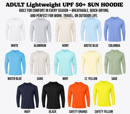 a collection of 12 different long-sleeved shirts in various colors, including white, black, navy, and safety orange. The shirts are arranged in a grid format, showcasing the different color options available for the adult lightweight UPP 50+ sun hoodie.