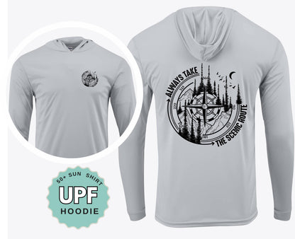 Always Take the Scenic Route UPF 50+ Hoodie: Long Sleeve Sun Protection Hiking Shirt
