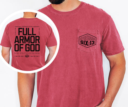 May include: Red t-shirt with the text "FULL ARMOR OF GOD" on the back and "EPHESIANS SIX:13" on the pocket. The shirt is a solid red color and has a classic crew neck design.