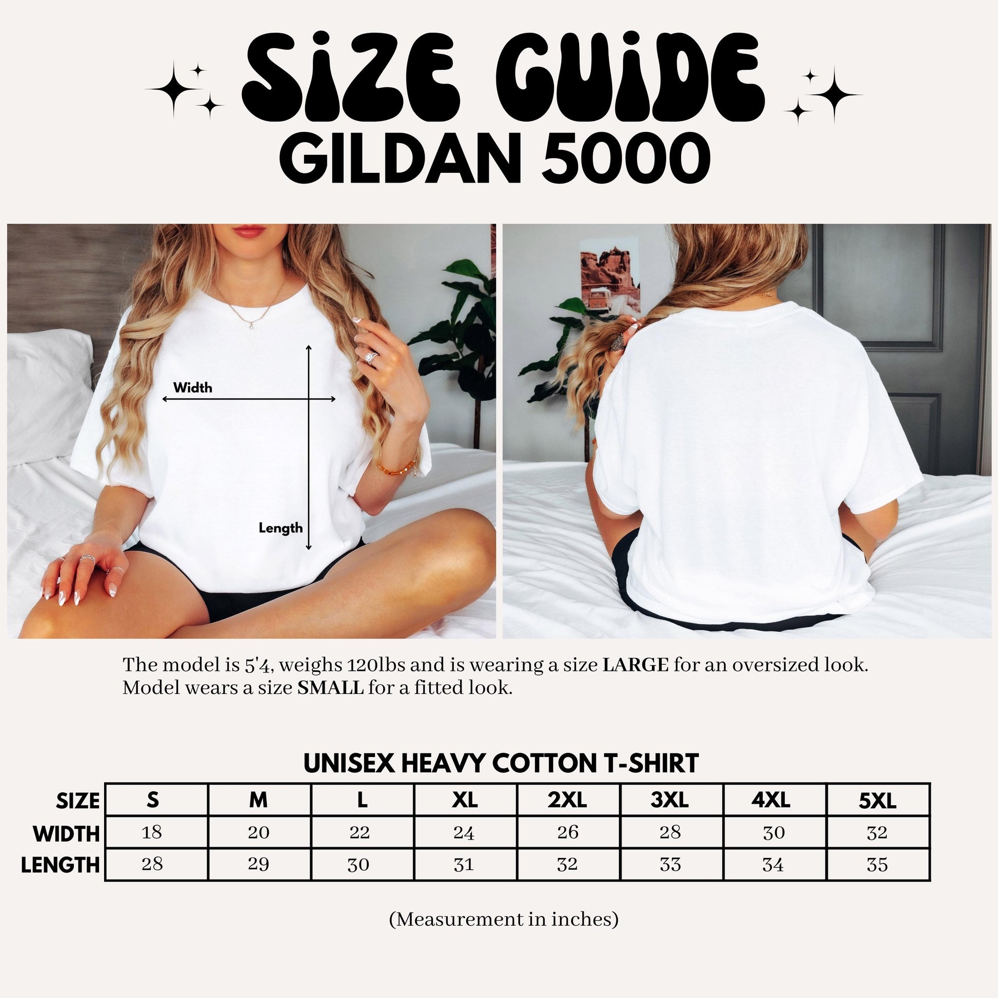 The image is a collage of two photos of a woman wearing a white t-shirt. The first photo shows the woman from the waist up, while the second photo shows her from the back. The collage includes a size guide for the GILAN 5000 t-shirt, providing measurements for different sizes.