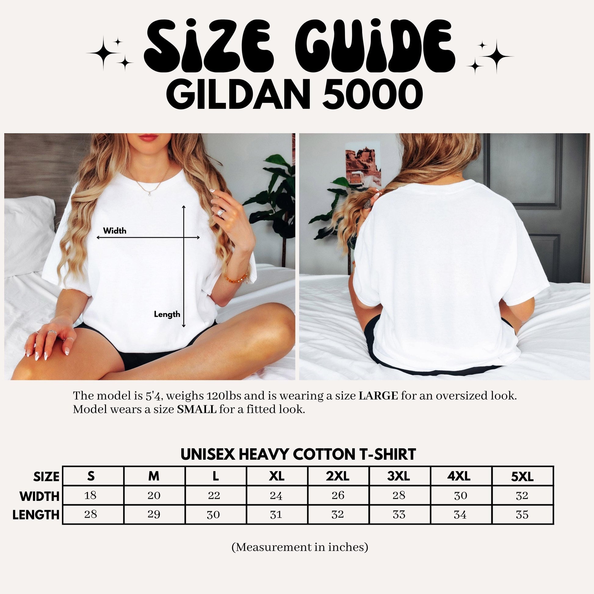 The image is a collage of two photos of a woman wearing a white t-shirt. The first photo shows the woman from the waist up, while the second photo shows her from the back. The collage includes a size guide for the GILAN 5000 t-shirt, providing measurements for different sizes.