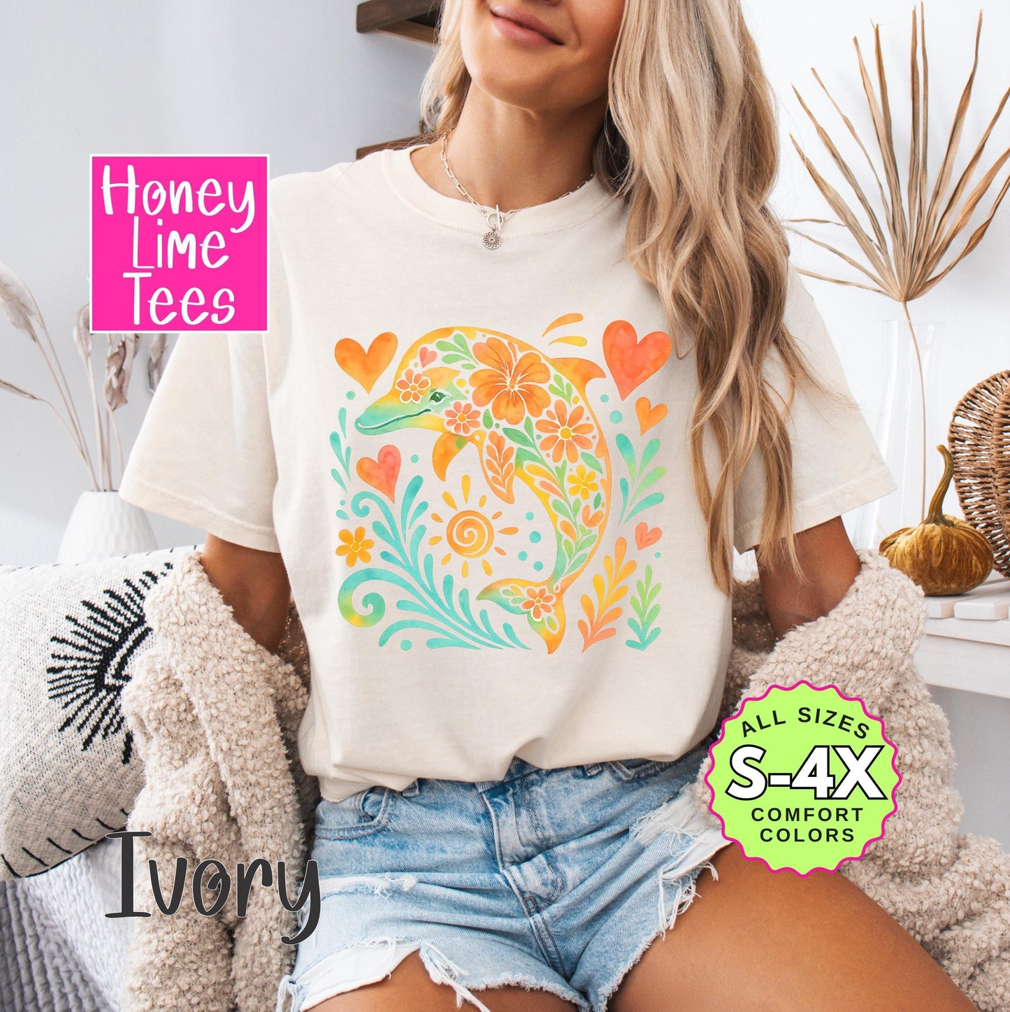 Comfort Colors Boho Floral Dolphin Shirt: Beach Graphic Tee
