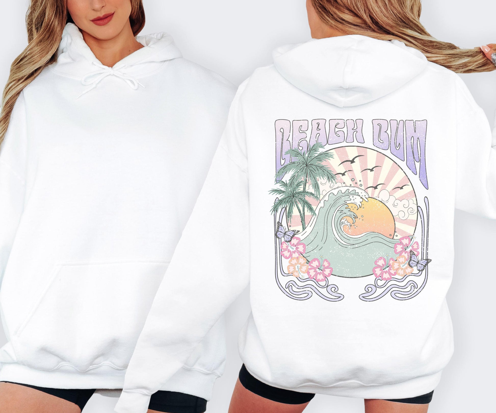 Beach Bum hoodie, coastal graphic sweatshirt, beach life pullover back print