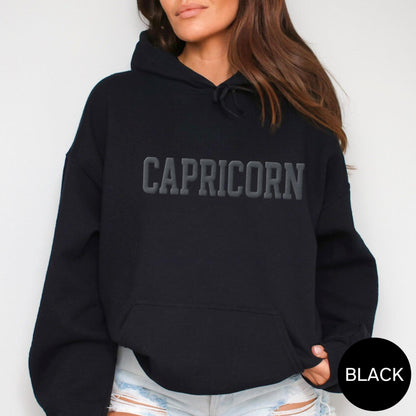 BLACK Zodiac Puff Print Hoodie Birthday Gift Astrology Top