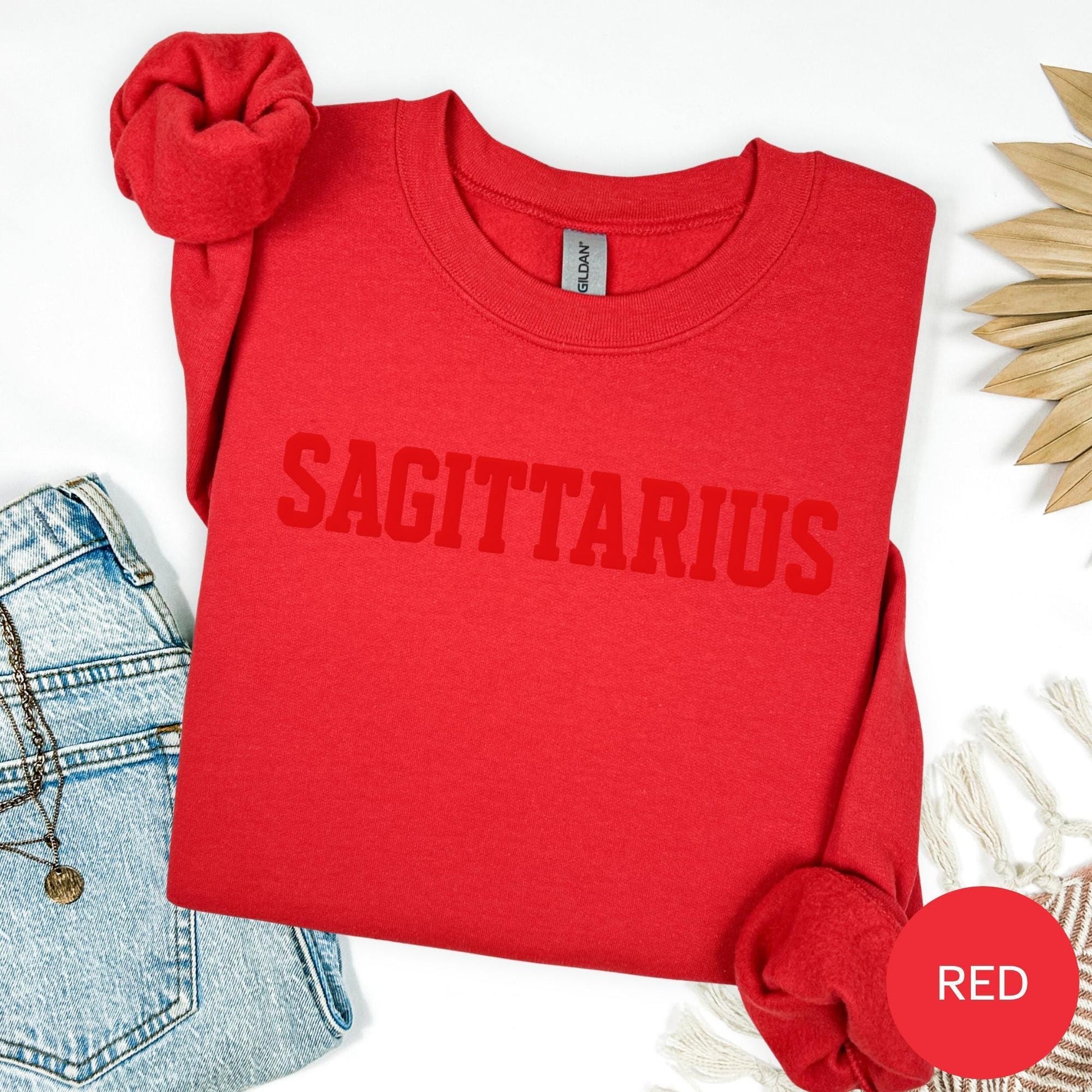 Red Zodiac Puff Print Sweatshirt Birthday Gift Astrology Top